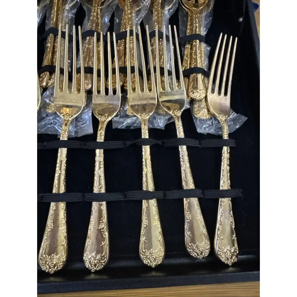 WM Rogers Enchanted Rose Gold Plated Flatware Set 63 Pc Service for 12 Case Vtg